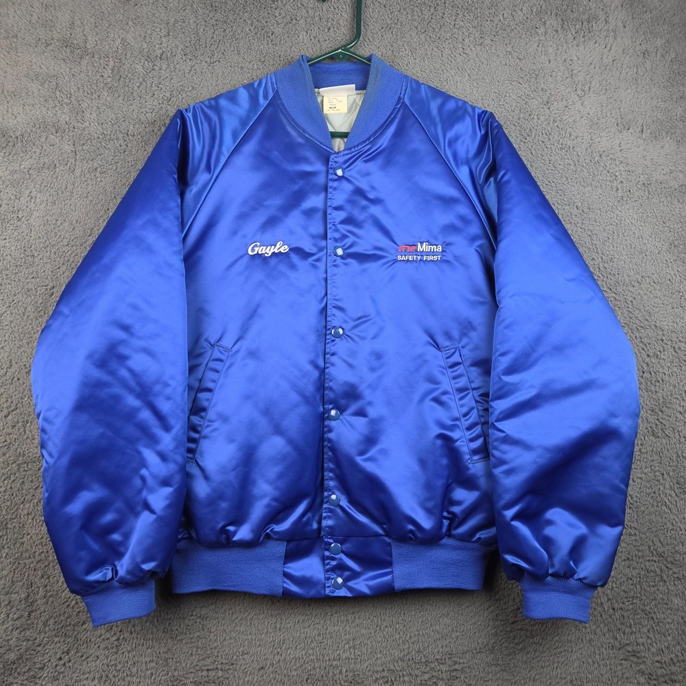 Vintage Satin Bomber Jacket Men's Medium Blue ITW Mima Safety First Hartwell